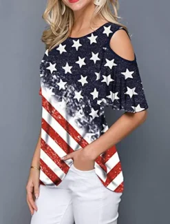 Online Women's Patriotic T Shirt American Flag Modern Casual Red White And Blue Short Sleeve Crew Neck Regular Tops Daily Weekend Print Wine Red Royal Blue Blue Summer Spring Women Independence Day Top