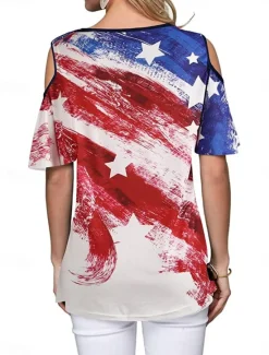 Online Women's Patriotic T Shirt American Flag Modern Casual Red White And Blue Short Sleeve Crew Neck Regular Tops Daily Weekend Print Wine Red Royal Blue Blue Summer Spring Women Independence Day Top