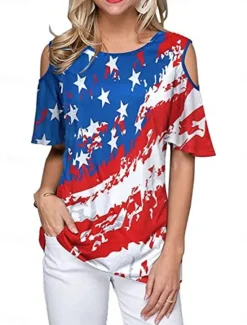 Online Women's Patriotic T Shirt American Flag Modern Casual Red White And Blue Short Sleeve Crew Neck Regular Tops Daily Weekend Print Wine Red Royal Blue Blue Summer Spring Women Independence Day Top