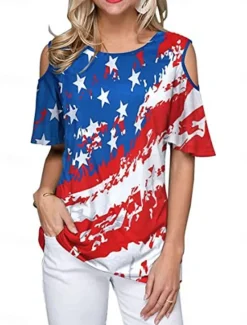 Online Women's Patriotic T Shirt American Flag Modern Casual Red White And Blue Short Sleeve Crew Neck Regular Tops Daily Weekend Print Wine Red Royal Blue Blue Summer Spring Women Independence Day Top