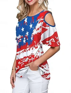 Online Women's Patriotic T Shirt American Flag Modern Casual Red White And Blue Short Sleeve Crew Neck Regular Tops Daily Weekend Print Wine Red Royal Blue Blue Summer Spring Women Independence Day Top