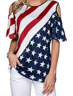 Online Women's Patriotic T Shirt American Flag Modern Casual Red White And Blue Short Sleeve Crew Neck Regular Tops Daily Weekend Print Wine Red Royal Blue Blue Summer Spring Women Independence Day Top