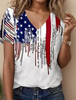Best Women's Patriotic T Shirt Graphic American Flag Vintage Stylish Classic White And Blue Short Sleeve V Neck Regular Tops Daily Going out Weekend Print Women Independence Day Top