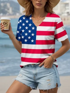 Sale Women's Patriotic T Shirt Graphic American Flag Vintage Stylish Classic White And Blue Short Sleeve V Neck Regular Tops Daily Weekend Print Summer Spring Women Independence Day Top