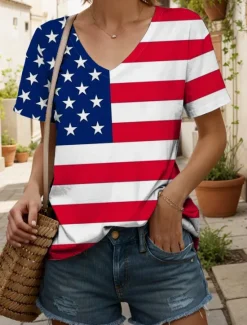 Sale Women's Patriotic T Shirt Graphic American Flag Vintage Stylish Classic White And Blue Short Sleeve V Neck Regular Tops Daily Weekend Print Summer Spring Women Independence Day Top