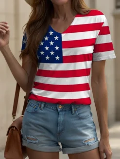 Sale Women's Patriotic T Shirt Graphic American Flag Vintage Stylish Classic White And Blue Short Sleeve V Neck Regular Tops Daily Weekend Print Summer Spring Women Independence Day Top