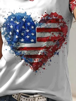 Women's Patriotic T Shirt Valentine Heart Casual Flag Regular Tops Red And Blue Short Sleeve V Neck Print Regular Fit Daily Summer Women Independence Day Top