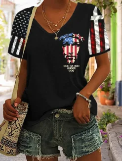 Clearance Women's Patriotic T Shirt Graphic Flag Stylish Casual Short Sleeve V Neck Regular Tops Daily Print Black Red Blue Summer Spring Women Independence Day Top