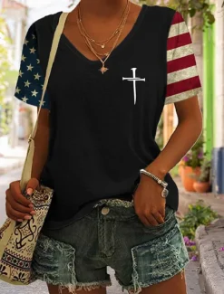 Online Women's Patriotic T Shirt Graphic Flag Stylish Casual Short Sleeve V Neck Regular Tops Daily Print Black Blue Green Gray Summer Spring Women Independence Day Top