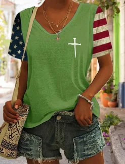 Online Women's Patriotic T Shirt Graphic Flag Stylish Casual Short Sleeve V Neck Regular Tops Daily Print Black Blue Green Gray Summer Spring Women Independence Day Top