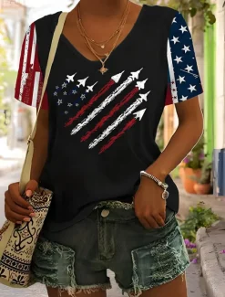 Online Women's Patriotic T Shirt Heart Graphic American Flag Vintage Stylish Classic Short Sleeve V Neck Regular Tops Daily Weekend Print Black Red Blue Gray Summer Spring Women Independence Day Top
