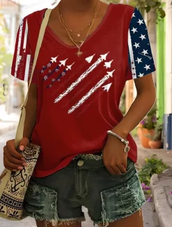Online Women's Patriotic T Shirt Heart Graphic American Flag Vintage Stylish Classic Short Sleeve V Neck Regular Tops Daily Weekend Print Black Red Blue Gray Summer Spring Women Independence Day Top