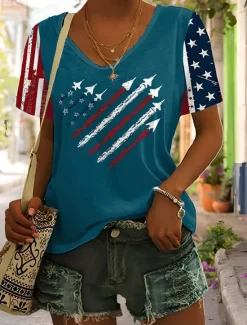 Online Women's Patriotic T Shirt Heart Graphic American Flag Vintage Stylish Classic Short Sleeve V Neck Regular Tops Daily Weekend Print Black Red Blue Gray Summer Spring Women Independence Day Top