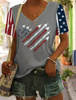 Online Women's Patriotic T Shirt Heart Graphic American Flag Vintage Stylish Classic Short Sleeve V Neck Regular Tops Daily Weekend Print Black Red Blue Gray Summer Spring Women Independence Day Top