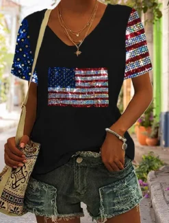 Best Women's Patriotic T Shirt Graphic Flag Stylish Casual Short Sleeve V Neck Regular Tops Daily Print Black Red Blue Summer Women Independence Day Top