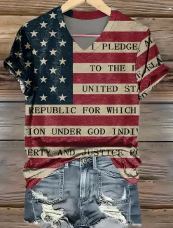 Sale Women's Patriotic T Shirt Graphic American Flag Vintage Stylish Classic Short Sleeve V Neck Regular Tops Daily Print White Summer Spring Women Independence Day Top