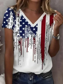 Sale Women's Patriotic T Shirt Graphic American Flag Vintage Stylish Classic Short Sleeve V Neck Regular Tops Daily Print White Summer Spring Women Independence Day Top