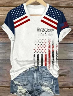 Sale Women's Patriotic T Shirt Graphic American Flag Vintage Stylish Classic Short Sleeve V Neck Regular Tops Daily Print White Summer Spring Women Independence Day Top