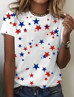 Best Women's Patriotic T Shirt Graphic Flag American Flag Vintage Stylish Classic Short Sleeve Crew Neck Regular Tops Daily Weekend Print White Summer Spring Women Independence Day Top