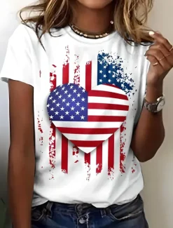 Best Women's Patriotic T Shirt Graphic Flag American Flag Vintage Stylish Classic Short Sleeve Crew Neck Regular Tops Daily Weekend Print White Summer Spring Women Independence Day Top