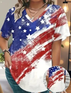 Outlet Women's Patriotic T Shirt Graphic American Flag Vintage Stylish Classic Short Sleeve V Neck Regular Tops Daily Weekend Print Red Red / Blue Light Blue Summer Spring Women Independence Day Top