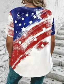 Outlet Women's Patriotic T Shirt Graphic American Flag Vintage Stylish Classic Short Sleeve V Neck Regular Tops Daily Weekend Print Red Red / Blue Light Blue Summer Spring Women Independence Day Top