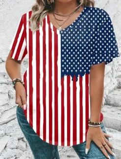 Outlet Women's Patriotic T Shirt Graphic American Flag Vintage Stylish Classic Short Sleeve V Neck Regular Tops Daily Weekend Print Red Red / Blue Light Blue Summer Spring Women Independence Day Top