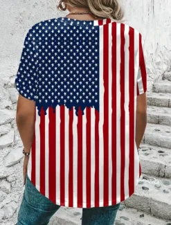 Outlet Women's Patriotic T Shirt Graphic American Flag Vintage Stylish Classic Short Sleeve V Neck Regular Tops Daily Weekend Print Red Red / Blue Light Blue Summer Spring Women Independence Day Top