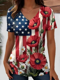Discount Women's Patriotic T Shirt Flag Flag National Flag Stylish Casual Red White And Blue Short Sleeve V Neck Regular Tops Daily Print Blue Summer Spring Women Independence Day Top
