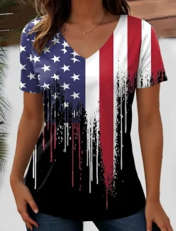 Discount Women's Patriotic T Shirt Flag Flag National Flag Stylish Casual Red White And Blue Short Sleeve V Neck Regular Tops Daily Print Blue Summer Spring Women Independence Day Top