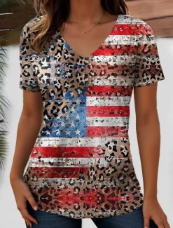 Discount Women's Patriotic T Shirt Flag Flag National Flag Stylish Casual Red White And Blue Short Sleeve V Neck Regular Tops Daily Print Blue Summer Spring Women Independence Day Top