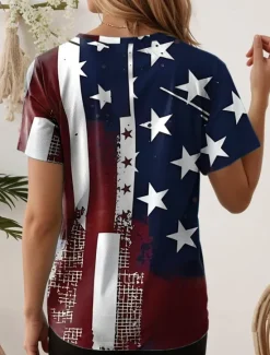 Discount Women's Patriotic T Shirt Flag Flag National Flag Stylish Casual Red White And Blue Short Sleeve V Neck Regular Tops Daily Print Blue Summer Spring Women Independence Day Top