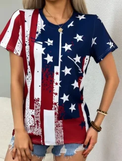 Discount Women's Patriotic T Shirt Flag Flag National Flag Stylish Casual Red White And Blue Short Sleeve V Neck Regular Tops Daily Print Blue Summer Spring Women Independence Day Top