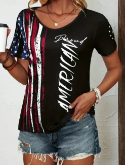 Discount Women's Patriotic T Shirt Flag Flag National Flag Stylish Casual Red White And Blue Short Sleeve V Neck Regular Tops Daily Print Blue Summer Spring Women Independence Day Top