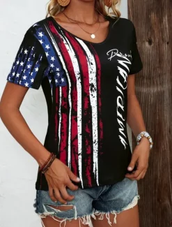 Discount Women's Patriotic T Shirt Flag Flag National Flag Stylish Casual Red White And Blue Short Sleeve V Neck Regular Tops Daily Print Blue Summer Spring Women Independence Day Top