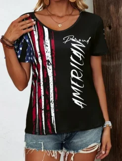 Discount Women's Patriotic T Shirt Flag Flag National Flag Stylish Casual Red White And Blue Short Sleeve V Neck Regular Tops Daily Print Blue Summer Spring Women Independence Day Top
