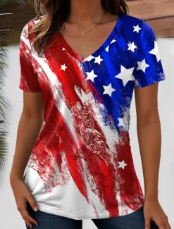 Discount Women's Patriotic T Shirt Flag Flag National Flag Stylish Casual Red White And Blue Short Sleeve V Neck Regular Tops Daily Print Blue Summer Spring Women Independence Day Top