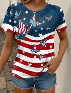 Best Women's Patriotic T Shirt Graphic Flag Vintage Casual Short Sleeve Crew Neck Regular Tops Daily Weekend Print Summer Women Independence Day Top