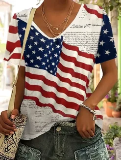 Sale Women's Patriotic T Shirt Flag American Flag Vintage Fashion Hawaiian Short Sleeve V Neck Regular Tops Daily Weekend Beach Wear Print Summer Spring Women Independence Day Top