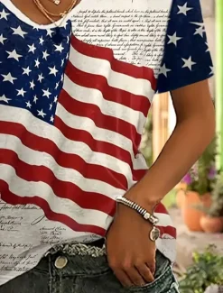 Sale Women's Patriotic T Shirt Flag American Flag Vintage Fashion Hawaiian Short Sleeve V Neck Regular Tops Daily Weekend Beach Wear Print Summer Spring Women Independence Day Top