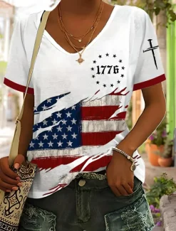 Outlet Women's Patriotic T Shirt Graphic American Flag Vintage Stylish Classic Short Sleeve V Neck Regular Tops Daily Weekend Print Blue Summer Spring Women Independence Day Top