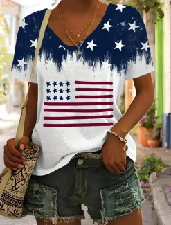 Outlet Women's Patriotic T Shirt Graphic American Flag Vintage Stylish Classic Short Sleeve V Neck Regular Tops Daily Weekend Print Blue Summer Spring Women Independence Day Top