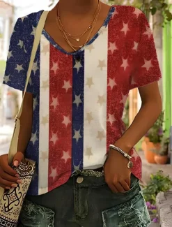 Outlet Women's Patriotic T Shirt Graphic American Flag Vintage Stylish Classic Short Sleeve V Neck Regular Tops Daily Weekend Print Blue Summer Spring Women Independence Day Top