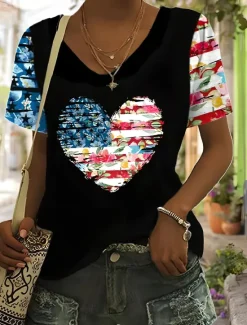 Outlet Women's Patriotic T Shirt Graphic American Flag Vintage Stylish Classic Short Sleeve V Neck Regular Tops Daily Weekend Print Blue Summer Spring Women Independence Day Top