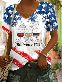 Outlet Women's Patriotic T Shirt Graphic American Flag Vintage Stylish Classic Short Sleeve V Neck Regular Tops Daily Weekend Print Blue Summer Spring Women Independence Day Top
