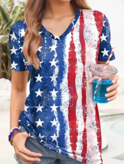 Clearance Women's Patriotic T Shirt Graphic American Flag Vintage Stylish Casual Short Sleeve V Neck Regular Tops Daily Weekend Print Red Blue Dusty Blue Summer Spring Women Independence Day Top