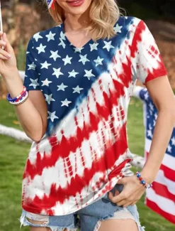 Clearance Women's Patriotic T Shirt Graphic American Flag Vintage Stylish Casual Short Sleeve V Neck Regular Tops Daily Weekend Print Red Blue Dusty Blue Summer Spring Women Independence Day Top
