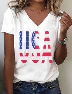 Best Women's Patriotic T Shirt Graphic USA Vintage Stylish Classic Short Sleeve V Neck Regular Tops Daily Print Black White Summer Spring Women Independence Day Top