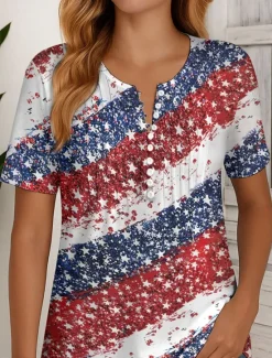 Hot Women's Patriotic T Shirt Ombre Graphic Flag Vintage Stylish Classic Short Sleeve Round Neck Regular Tops Daily Weekend Beach Wear Buttons Smocked Print Red Blue Women Independence Day Top