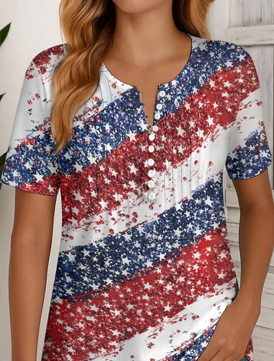 Hot Women's Patriotic T Shirt Ombre Graphic Flag Vintage Stylish Classic Short Sleeve Round Neck Regular Tops Daily Weekend Beach Wear Buttons Smocked Print Red Blue Women Independence Day Top